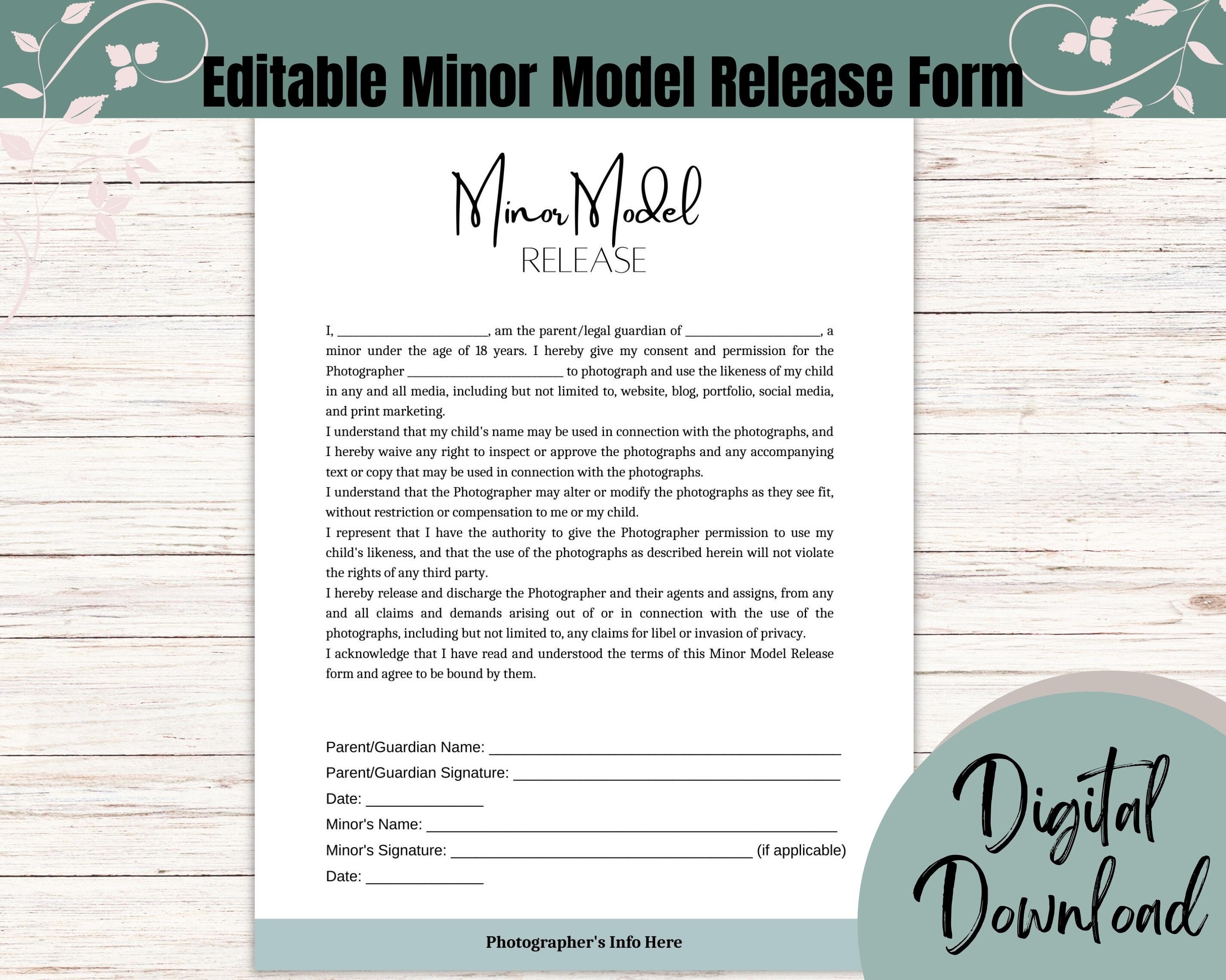 Minor Model Release Form, Fully Editable, Photo Release Form for Minors