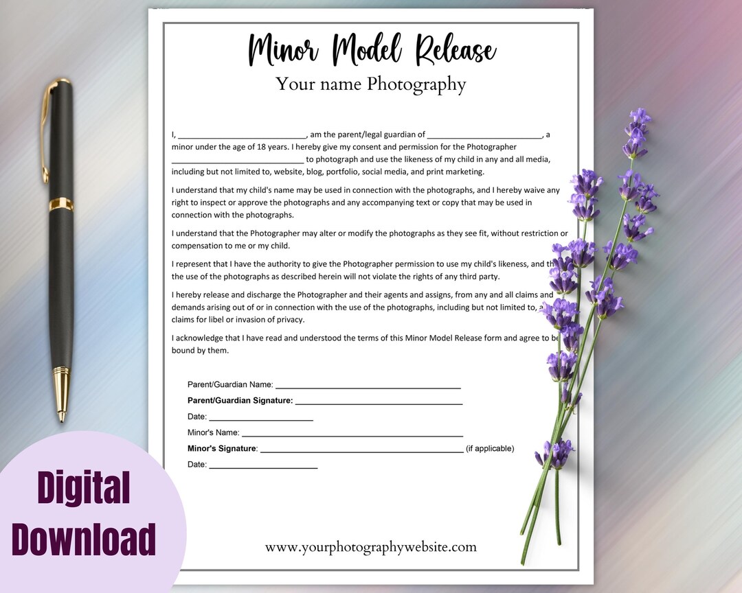 Model Release Form for Minors, Printable Photo Release Form, Minor