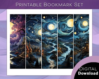 Whimsical  Bookmarks, Starry Sky Printable Bookmarks, Magical nights bookmark set, Digital Download, swirly sky print