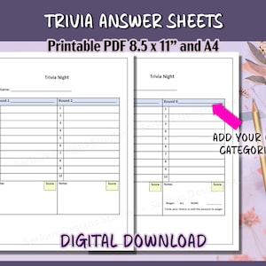 Printable Trivia Sheets, Prints pages in US Letter and A4 sizes, PDF trivia pages to print out for trivia night, Trivia night nswer sheets