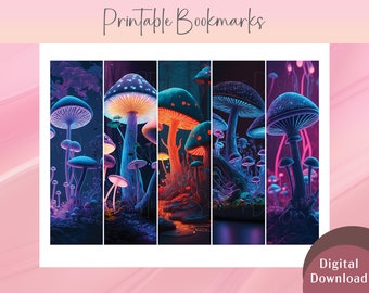 Mushroom Bookmarks, set of 5 Printable bookmarks, vibrant neon colors, Set of 5 (Digital Download)
