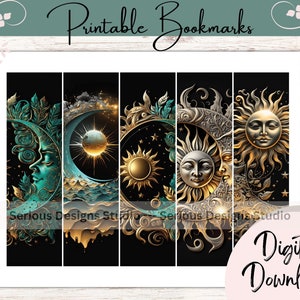 Celestial Bookmarks, Set  of 5 Printable bookmarks, sun and moon bookmarks, fantasy bookmarks, for book lover, gold and black, dark bookmark