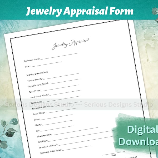 Jewelry Appraisal, Printable Appraisal, appraisal form for jewelers and appraisers, editable pdf, simple appraisal template, customizable