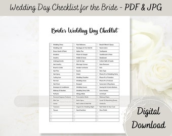 Op de afbeelding: Een afdrukbare checklist voor de bruid op de trouwdag, met een lijst met items om in te pakken en te onthouden. Het document bevat categorieën zoals kleding, accessoires en persoonlijke verzorgingsartikelen. Digitale download.