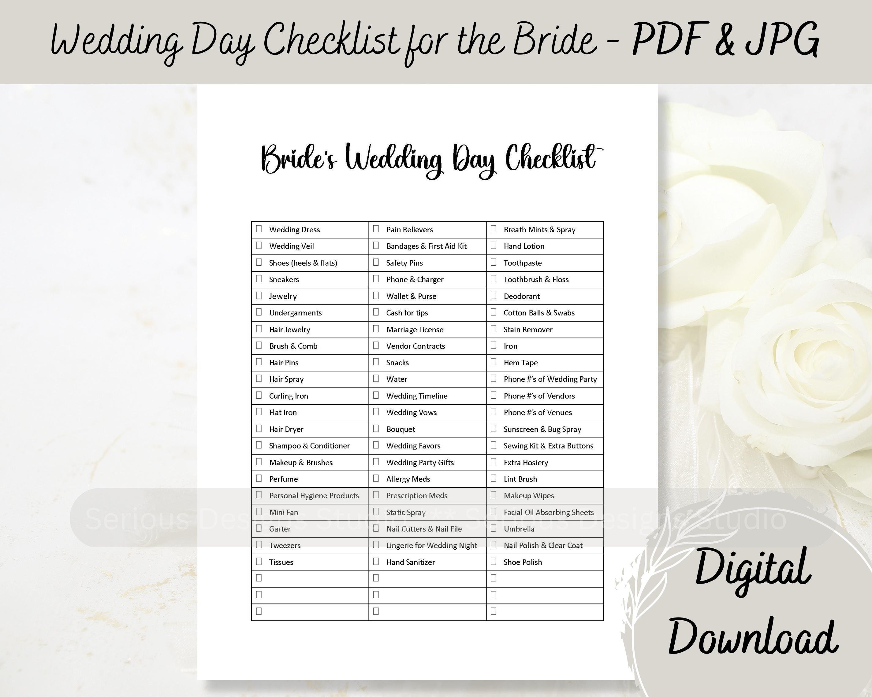 Wedding Day Checklist, Printable Checklist for the Bride, Minimalist