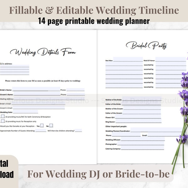 Wedding Itinerary editable, Fillable and Editable PDF, Wedding DJ forms, Digital wedding details, Wedding planner tools, Wedding timeline