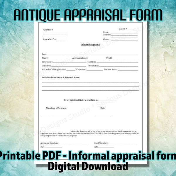 Antique Appraisal Form, Printable PDF, Appraisal template for antique appraisers, informal appraisal, antique valuation, provenance form