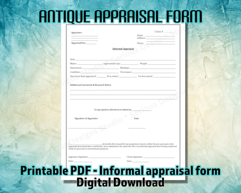 Antique Appraisal Form, Printable PDF, Appraisal Template for Antique Appraisers, Informal