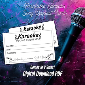 Fiches karaoké, cartes de demande de chanson karaoké imprimables, PDF numérique pour hôtes de karaoké, KJ, DJ karaoké ou soirées karaoké, disponible en 2 tailles
