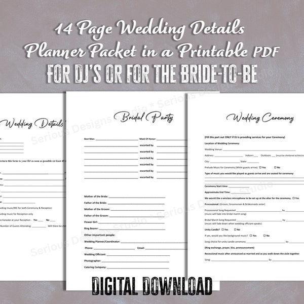 DJ Wedding Form, Printable planner for DJ, wedding dj form, wedding timeline, Bridal party list, wedding itinerary, dj song list