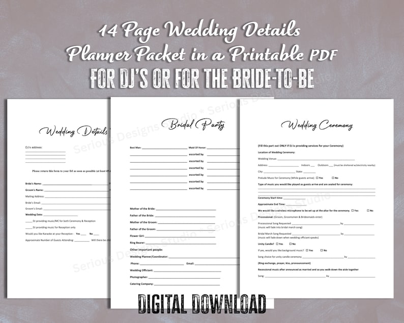 DJ Wedding Form, Printable Planner for DJ, Wedding Dj Form, Wedding