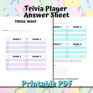 Trivia Player Sheets, Printable Trivia answer sheets, Digital Download PDF file, Trivia Host supplies, Bar Trivia sheets to print out