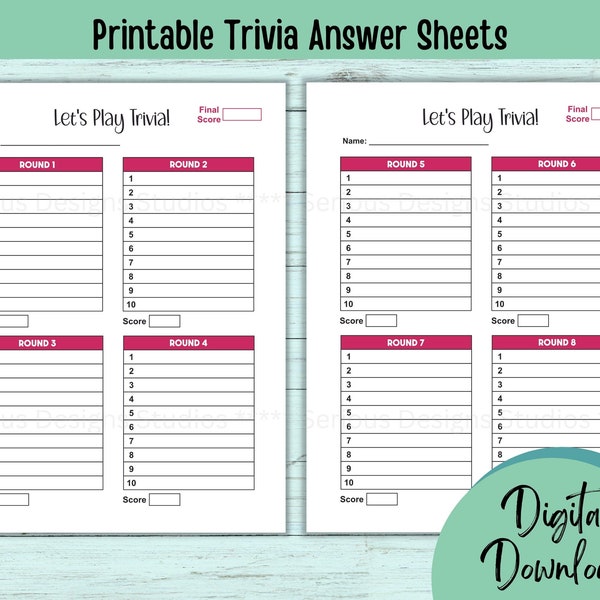 Trivia Answer Sheet, Printable Trivia sheets, Trivia Host tools, Trivia Player Answer Sheets, US Letter Size, Bar Trivia sheets, Quiz Night