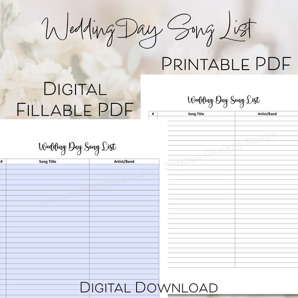 Wedding song list, Fillable song list, fillable wedding form, wedding dj playlist, organize music for your wedding, wedding playlist form