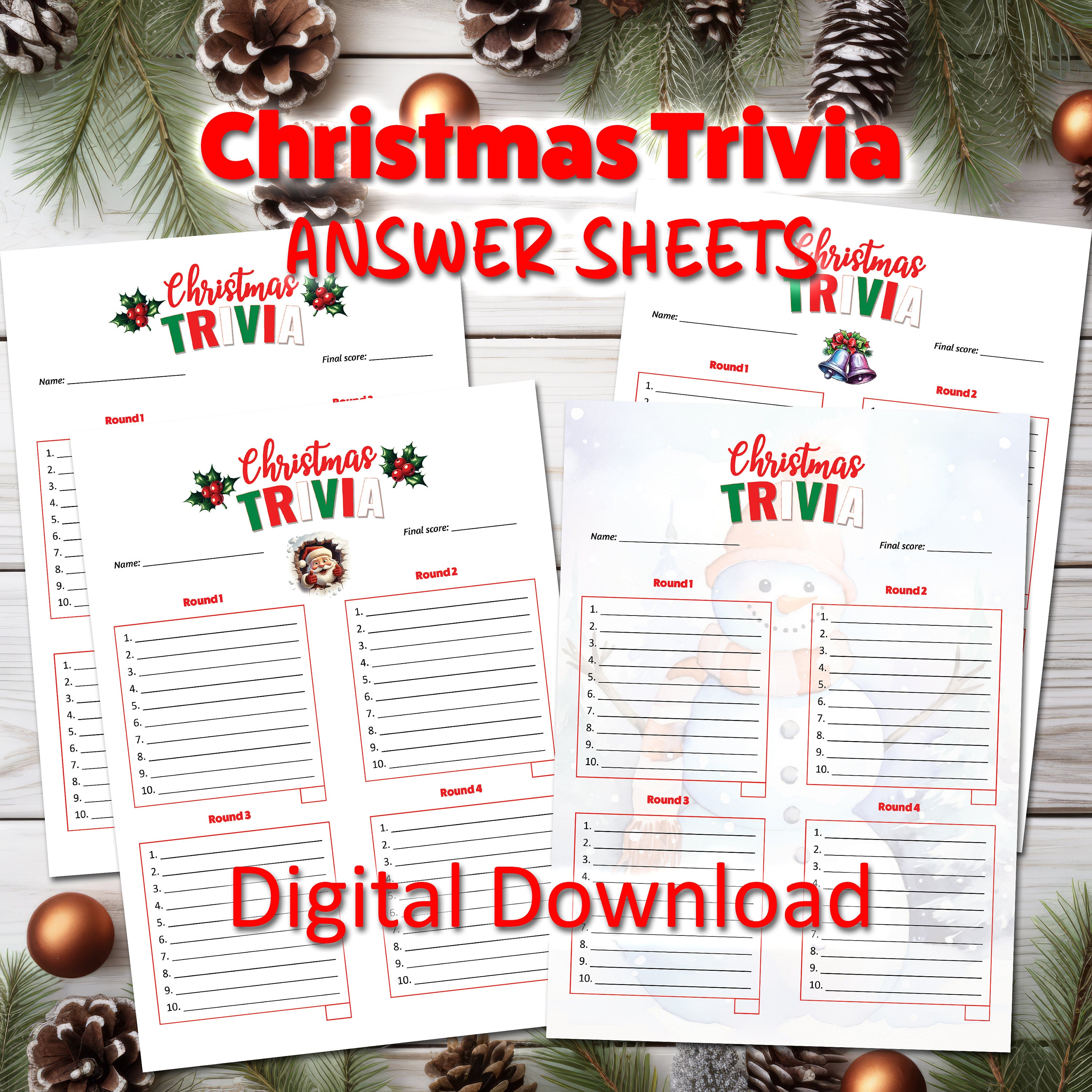 Christmas Trivia Answer Sheets, Printable Trivia Sheet, Set of 4 Trivia ...