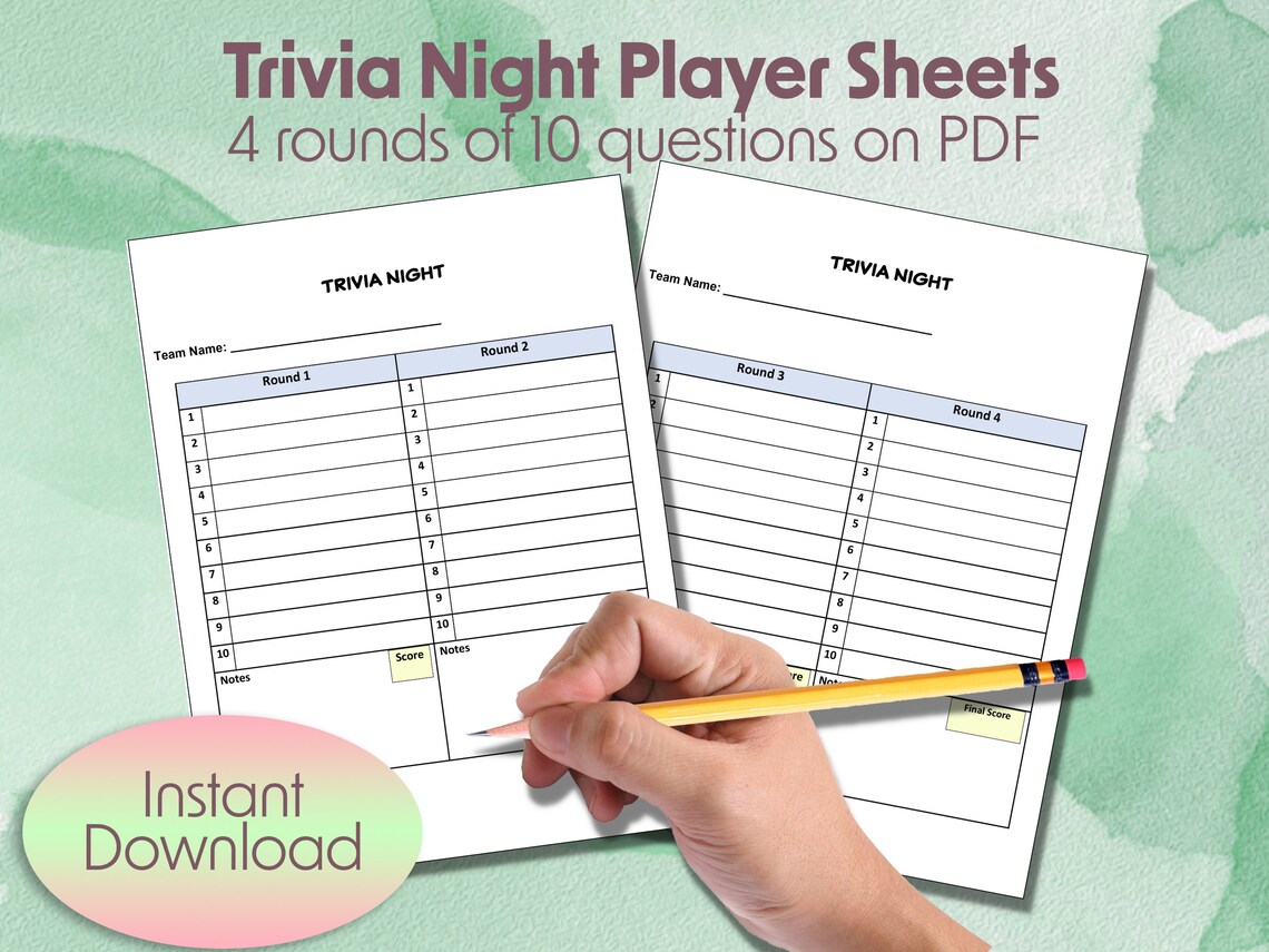 Trivia Question Document Trivia Answer Sheet, Printable PDF, 4 Rounds of 10 Questions, Blank ...