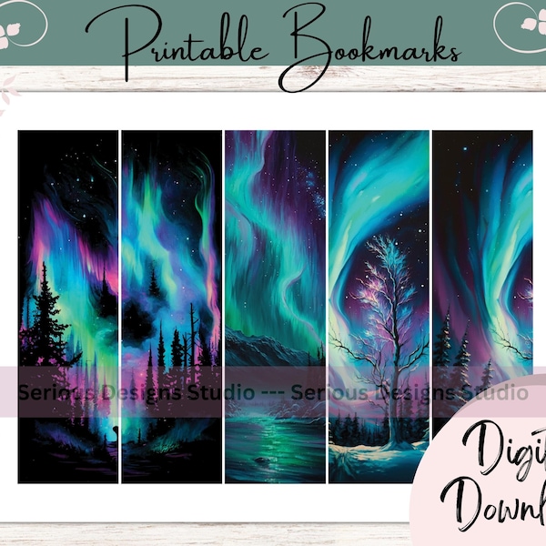 Aurora Borealis Bookmarks, Printable bookmarks, Stunning Northern Lights Design bookmarks, Set of 5, colorful, book lover gift