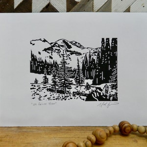 Mt. Rainier Hiker - Original Hand Printed Linocut
