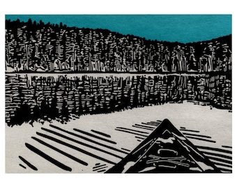 Kayak Reflection Art Print - Giclee&#39; Reproduction from an Original Black and White Linocut Print