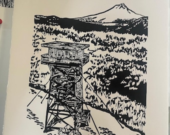 5 Mile Butte Lookout - Original Handprinted Linocut