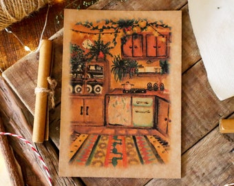 Hygge Kitchen A6 Postcard Art| Vintage Country Postal Card| Cozy Cottage Kraft Notecard