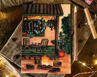 Cozy Country Patio Art for Boho Home Decor| Christmas Couples Gift| Bohemian Cottage Porch Bonfire