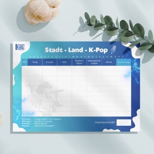 Stadt Land K-Pop | Spiel für alle K-Pop Fans | DIN A4/A5 | Digitaler Download | Geschenkidee für Geburtstage, Weihnachten oder K-Pop Treffen