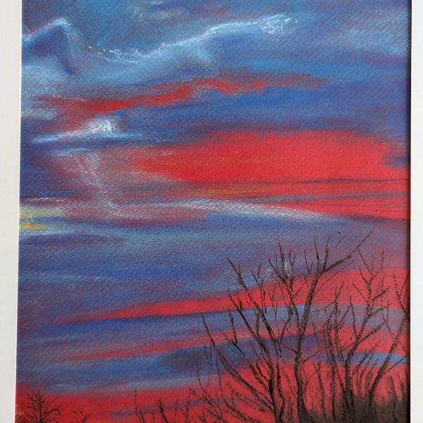 Pintura al pastel seco - Paisaje con cielo resplandeciente y nublado, luz de Perche