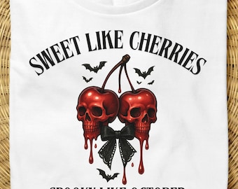 weet Like Cherries Spooky Like October | Gothic Skull Cherry Halloween Shirt Design PNG, Creepy Cute Sublimation