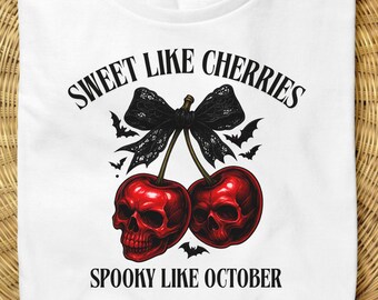Sweet Like Cherries Spooky Like October PNG | Gothic Skull Cherry Halloween Shirt Design, Dark Aesthetic Sublimation