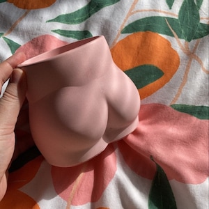 Peut inclure: Un pot de fleurs en céramique rose clair en forme de fesses. Le pot a une finition lisse et mate, avec une forme arrondie. Il est posé sur un tissu à motifs avec des fruits orange et roses et des feuilles vertes.