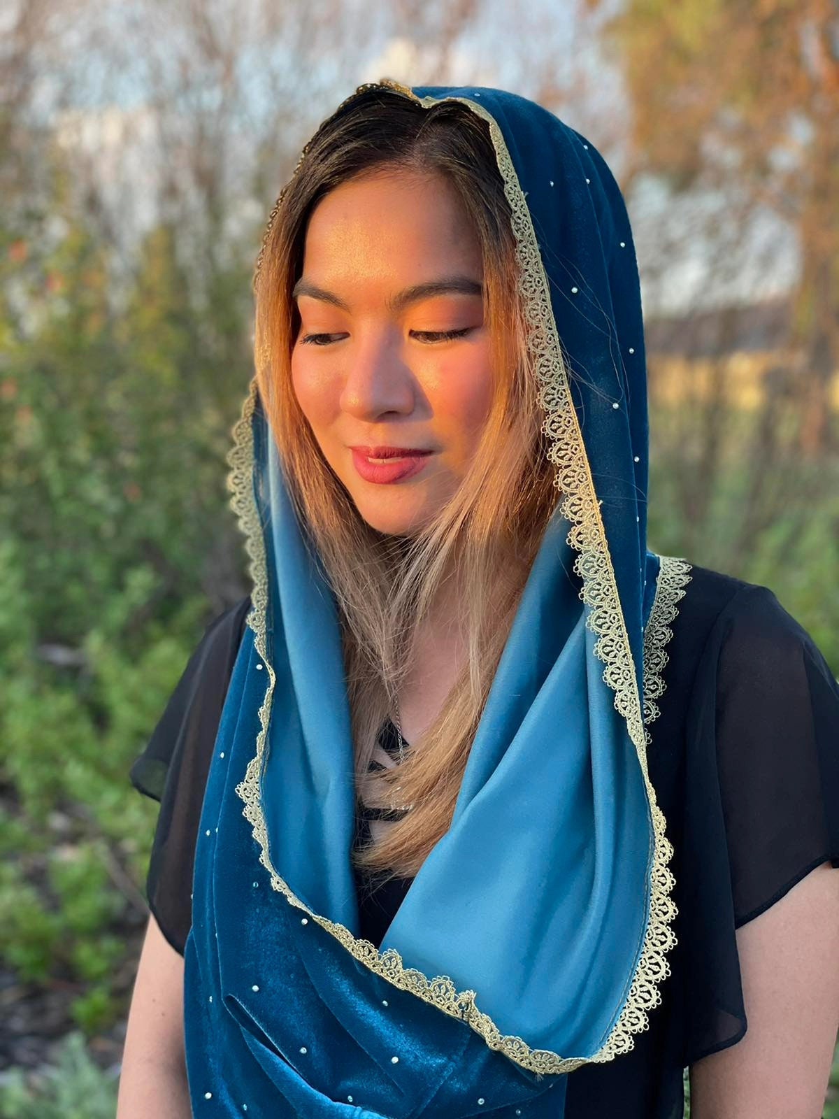 Our Lady of Guadalupe Catholic Infinity Veil / Chapel Veil / Blue-gre…