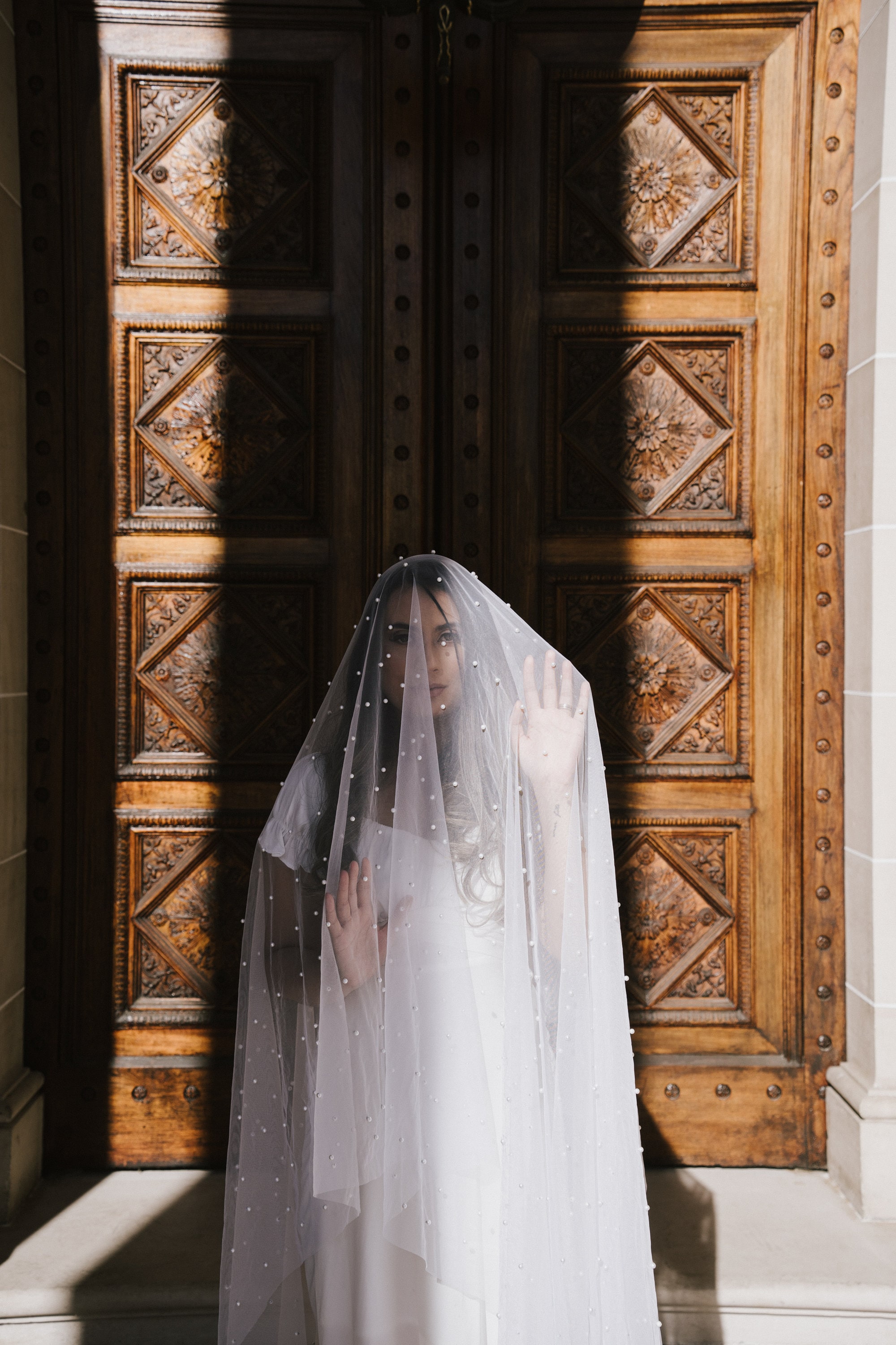 Pearl Studded Wedding Veil Chapel and Cathedral Length With  display picture 2