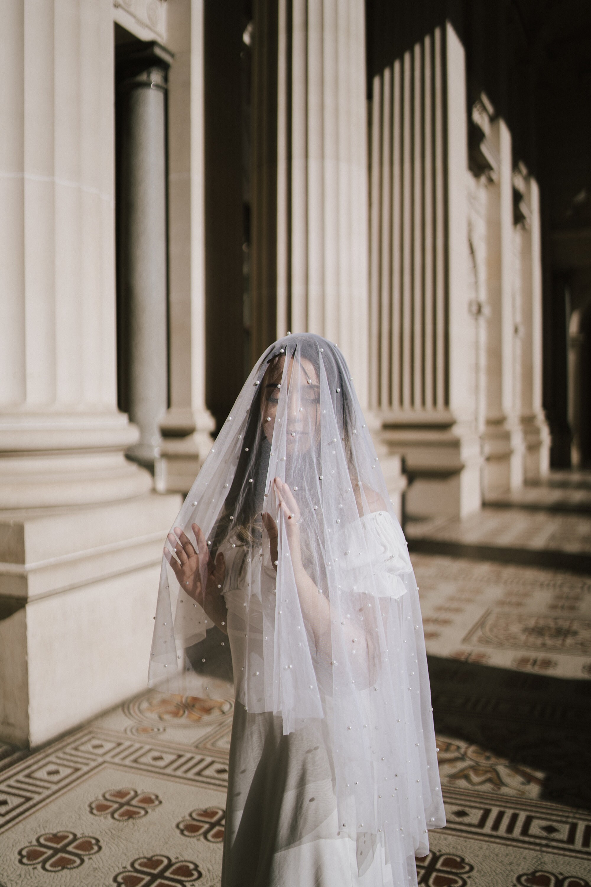 Long Studded Veil With Clip Atlanta Two Tier Beaded Scalloped Edge Veil with Crystal Drops main image 4