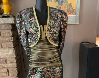 Vintage 1980's Stephan Caras Floral Lame Evening Cocktail Mini Dress with Matching Bolero