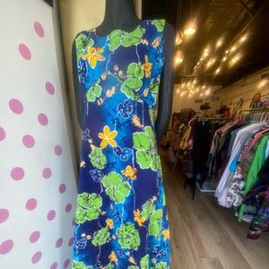 Vintage 1960s Royal Hawaiian Barkcloth Dress | Floral Maxi Dress Made in Hawaii | Blue Green Yellow Aloha Dress