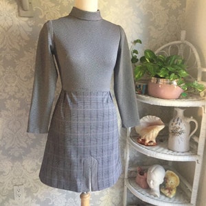 Vintage 1960’s Glen Checked Long Sleeve High Neck Sheath Dress