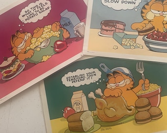 Vintage 1978 Garfield Reversible Laminated Placemats Set of 3 | Jim Davis Campus Craft Canada | Retro Garfield Kitchen Decor