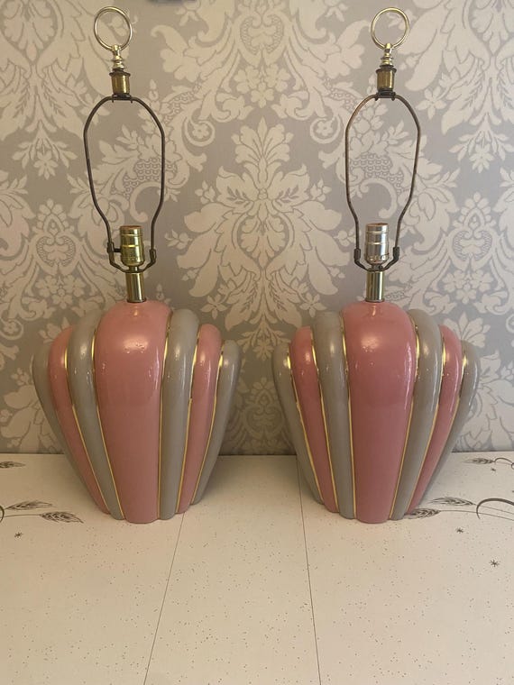 Vintage 1980s Shell-shaped Ceramic Tri-light Lamp Pair – Pink