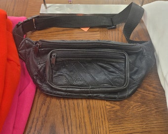 80s black patchwork leather fanny pack