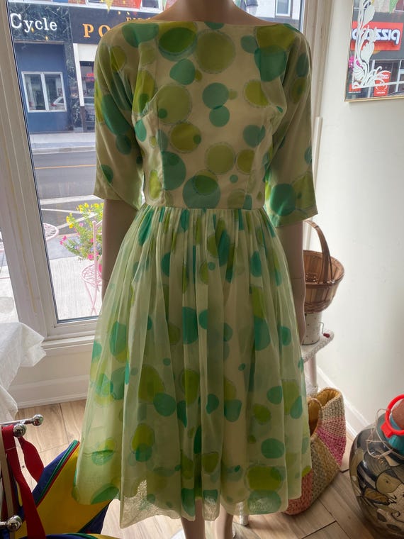 1950’s chartreuse light green fit & flare dress sheer overlay super full skirt