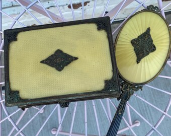 Vintage Art Deco Celluloid Vanity Set – 1930s Jewelry Casket with Velvet Interior & 14" Hand Mirror Ormolu Trim