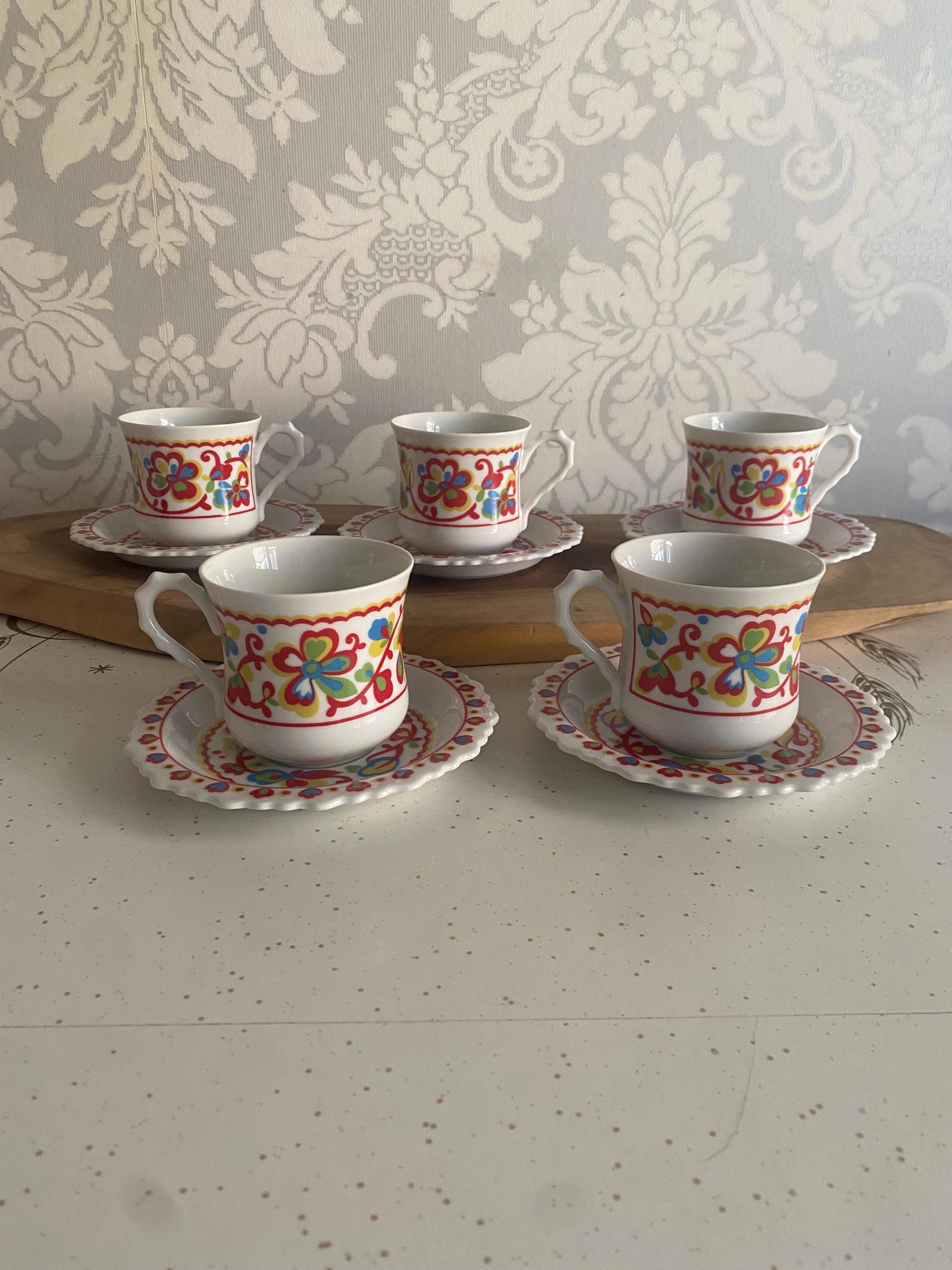 Vintage Sango One World Basque Teacups and Saucers Set of 5 Japan