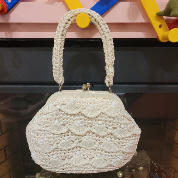 60s Raffia/beads off white purse - image 1