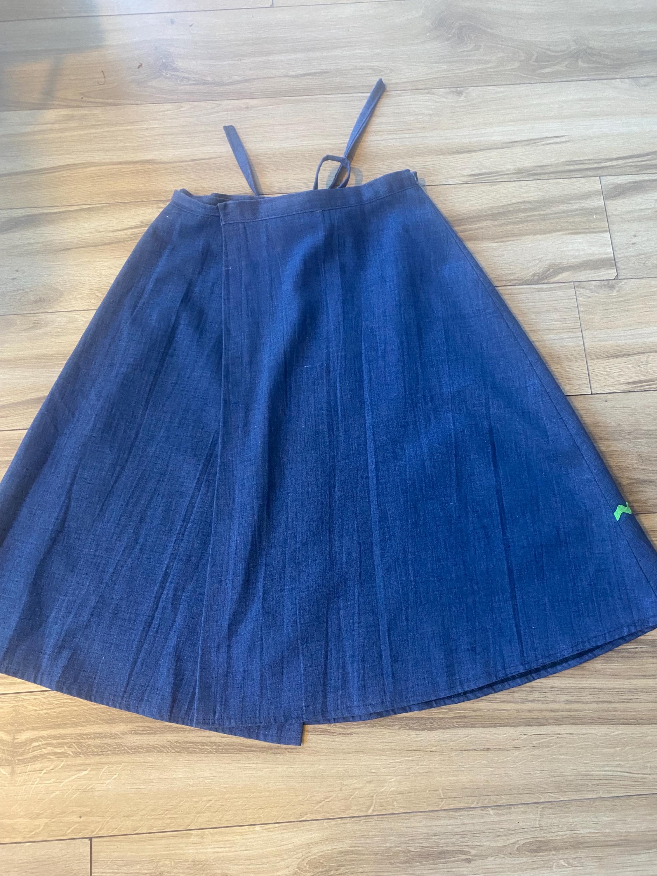 Vintage Chambray Wrap Skirt With Floral Applique | 1970s Boho Folk