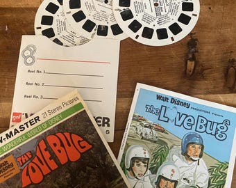 Set di 3 rullini View-Master vintage "The Love Bug" di Walt Disney, 1968 B501, con libretto incluso.