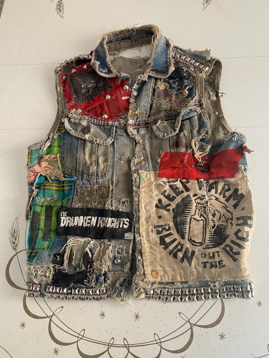 Authentic 1990s Crust Punk Battle Vest | Studded DIY Denim | - Etsy