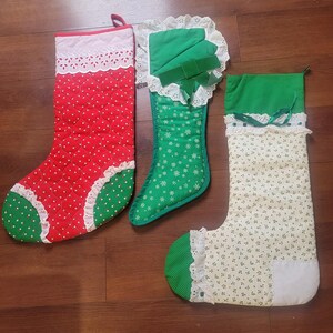 Vintage Christmas Stockings Set of 3 Handmade Quilted Cotton Holiday Decor Red Green Lace Farmhouse Stockings