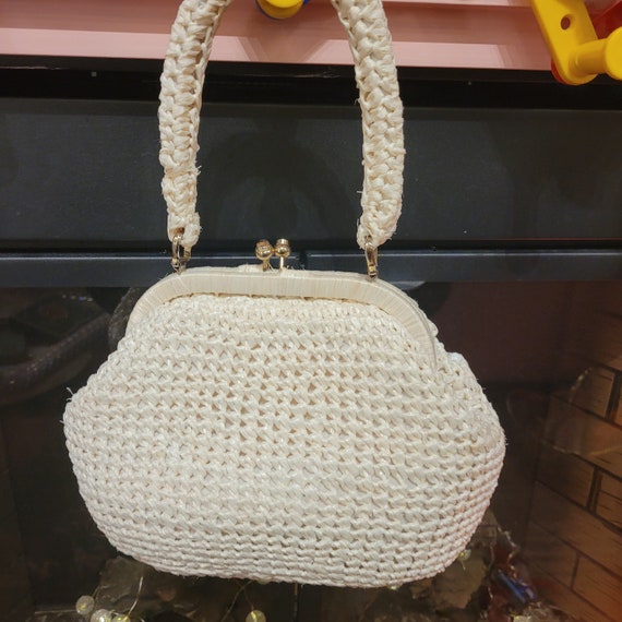 60s Raffia/beads off white purse - image 7