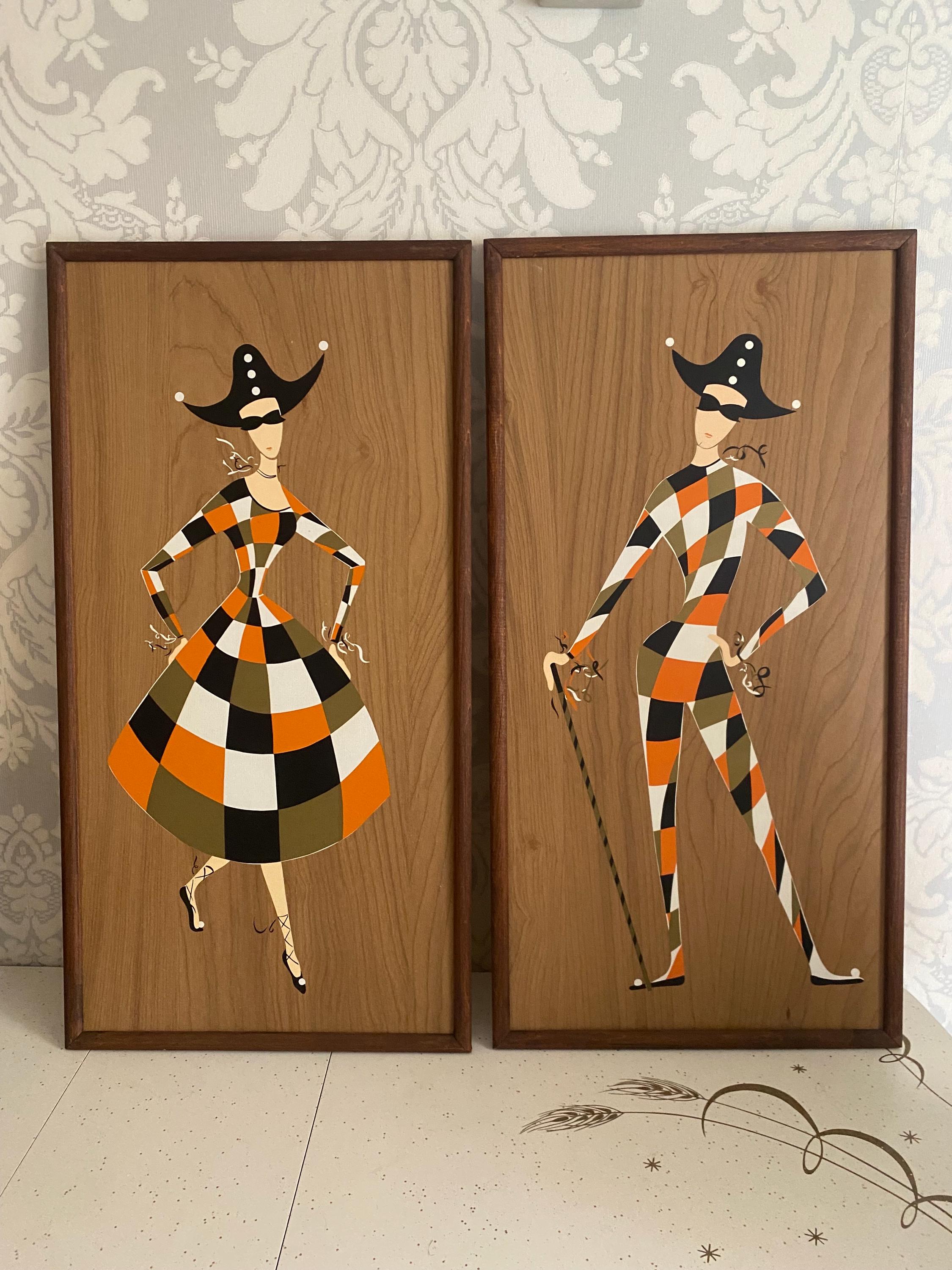 Vintage Mid-century Harlequin Wall Art Set – 1960s Mod Wood Panel 